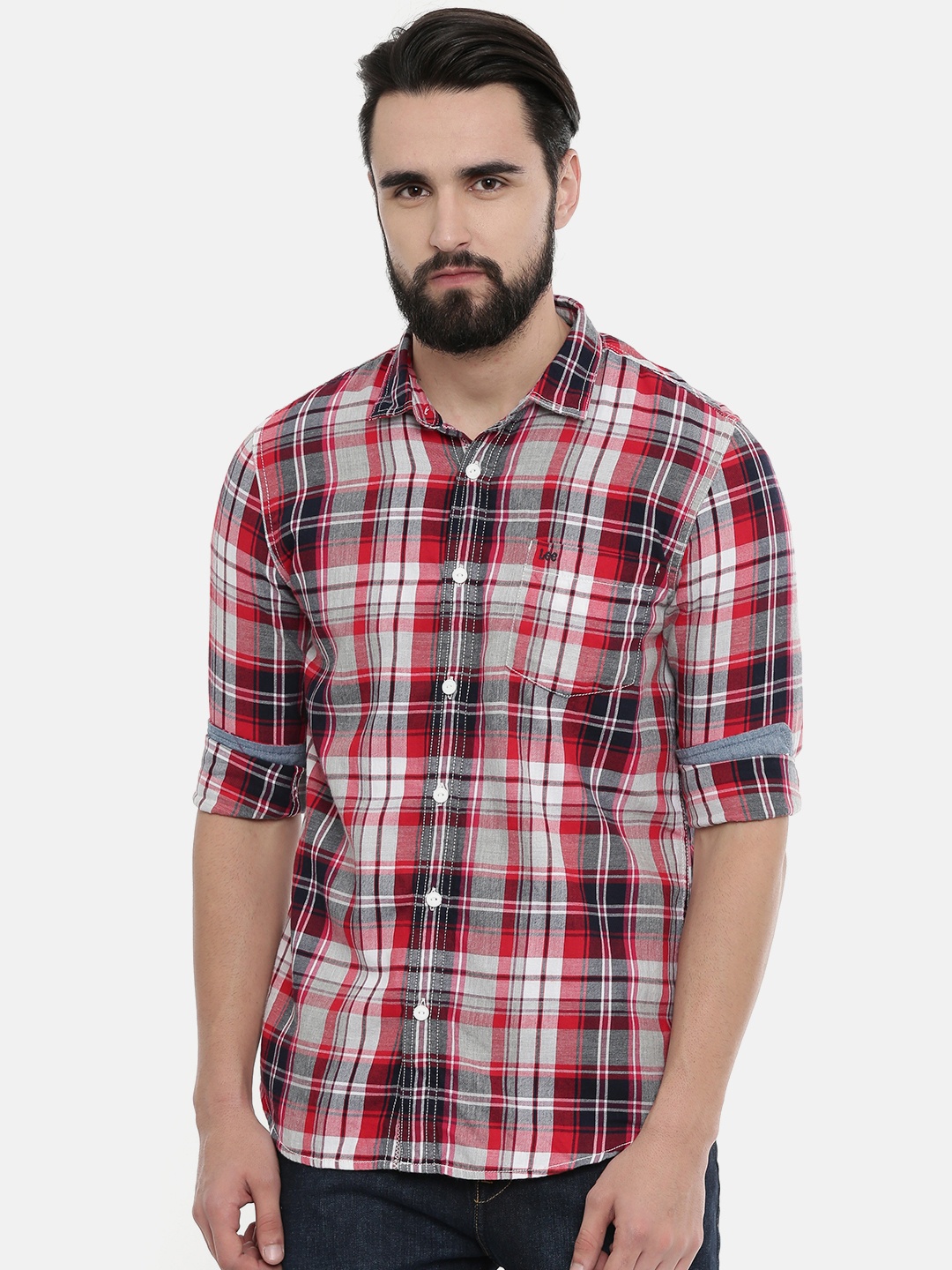 

Lee Men Red & White Slim Fit Checked Casual Shirt