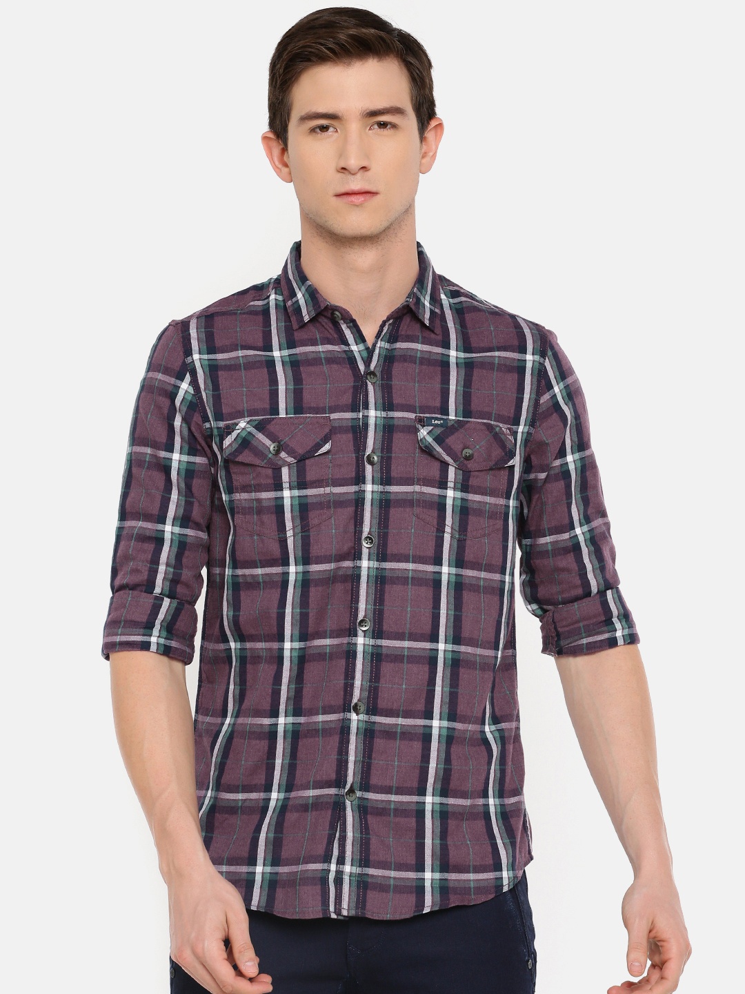 

Lee Men Burgundy & Blue Slim Fit Checked Casual Shirt