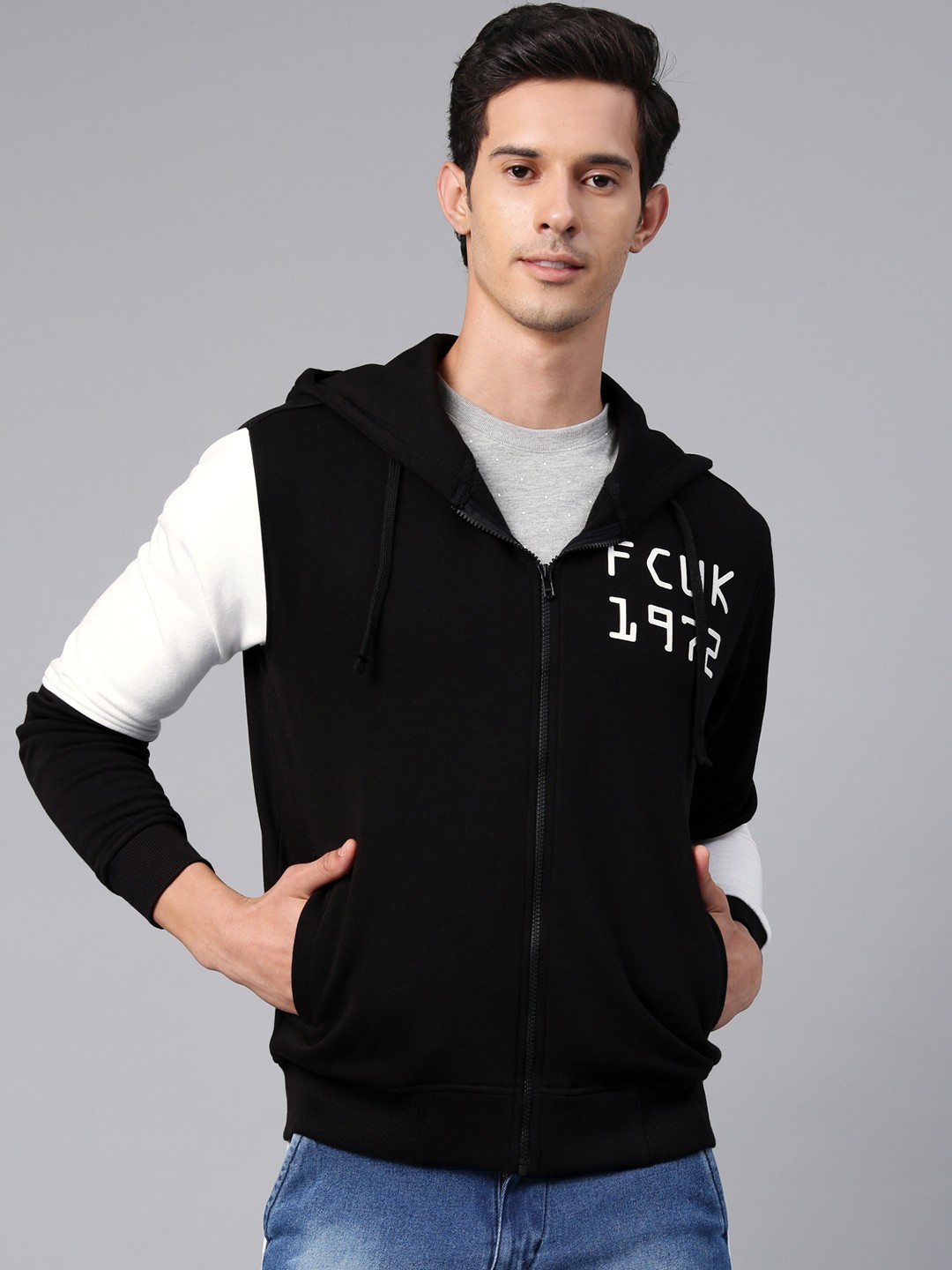 

French Connection Men Black Printed Hooded Sweatshirt