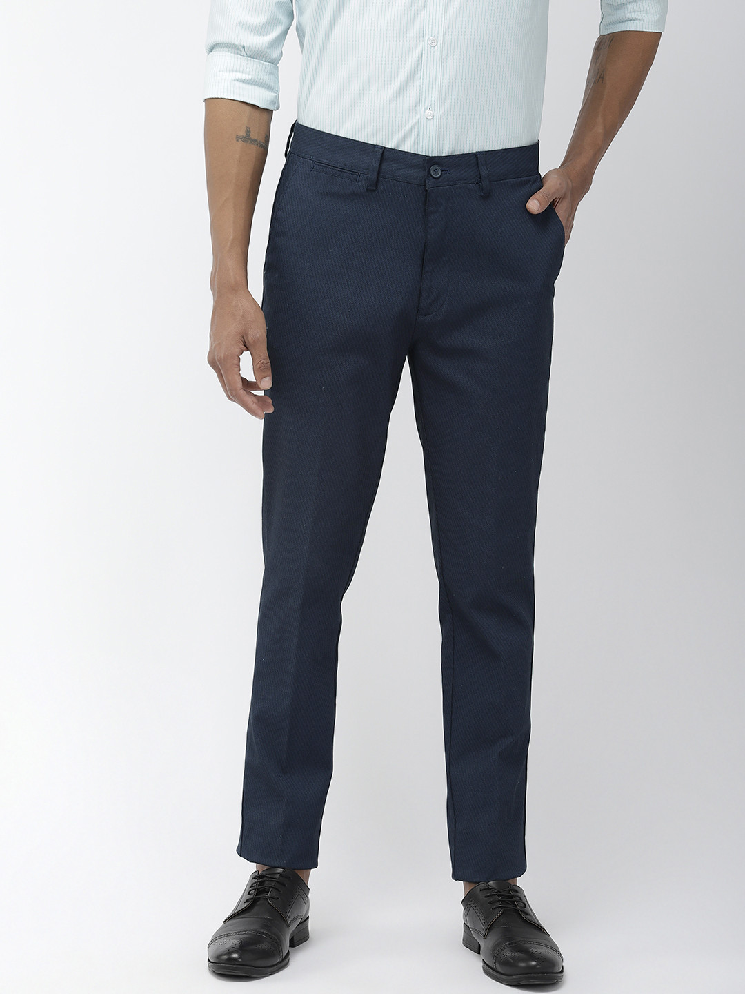 

Marks & Spencer Men Navy Blue Self-Design Smart Casual Trousers