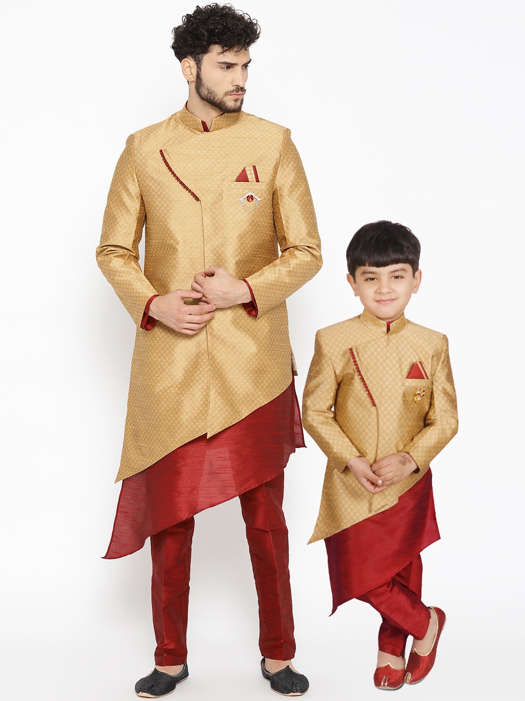 

SG YUVRAJ Boys Golden-Coloured & Red Self Design Kurta with Trousers, Gold