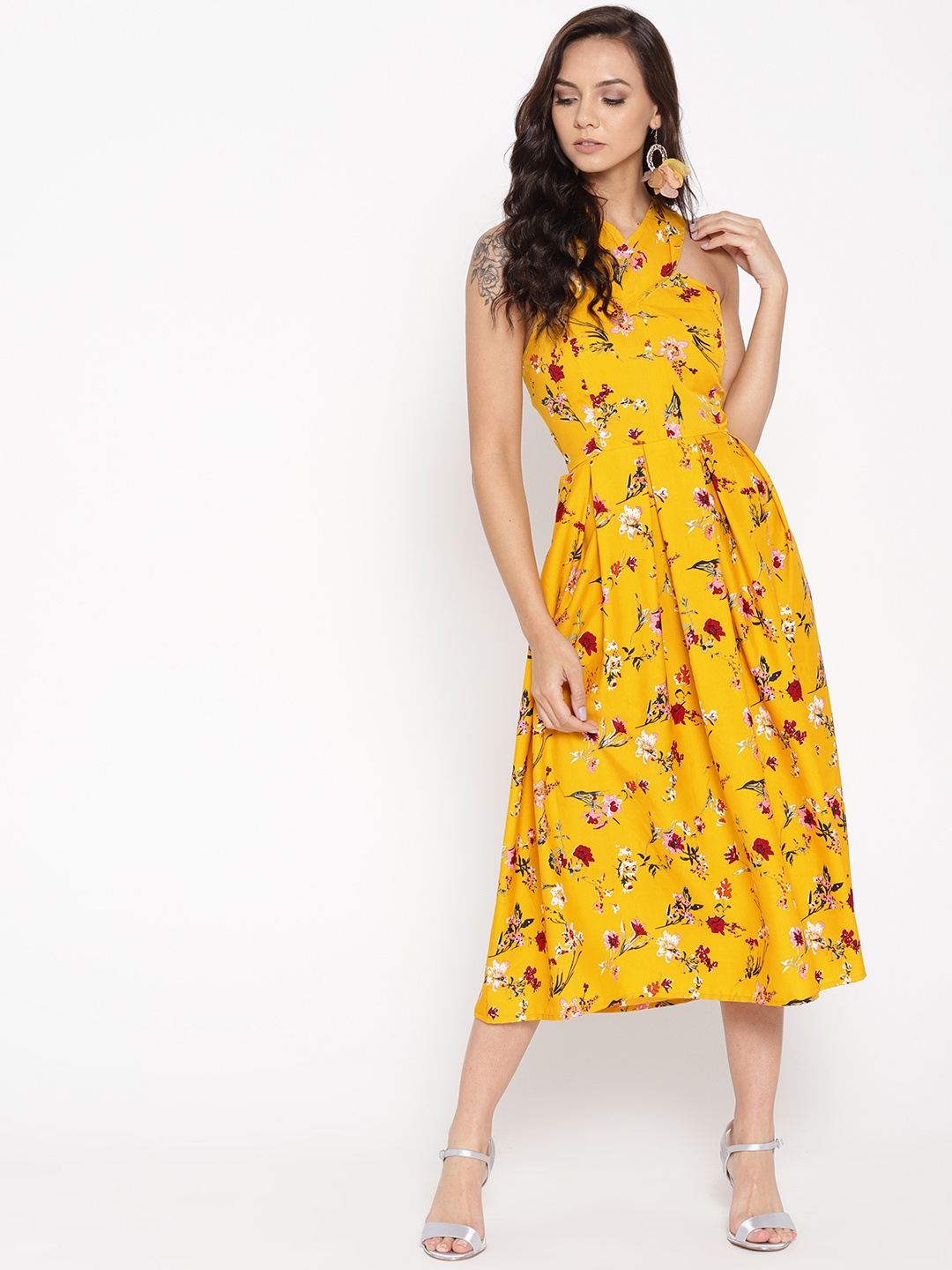 

MABISH by Sonal Jain Women Mustard Yellow & Pink Floral Print Fit and Flare Dress