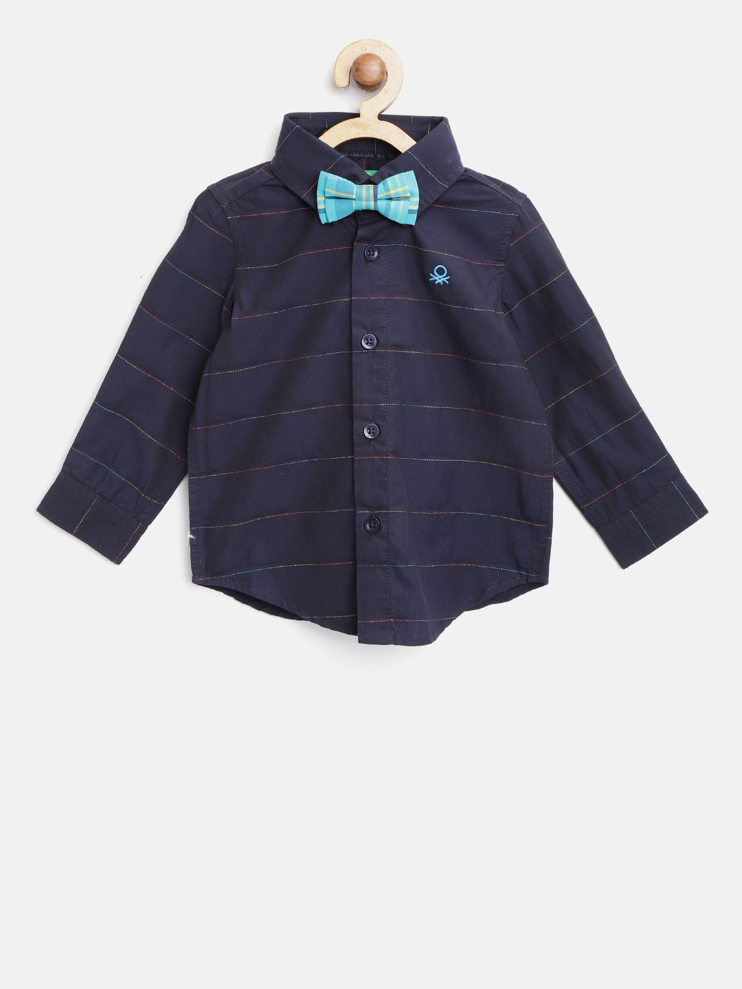 

United Colors of Benetton Boys Navy Blue Regular Fit Striped Casual Shirt with Bow Tie