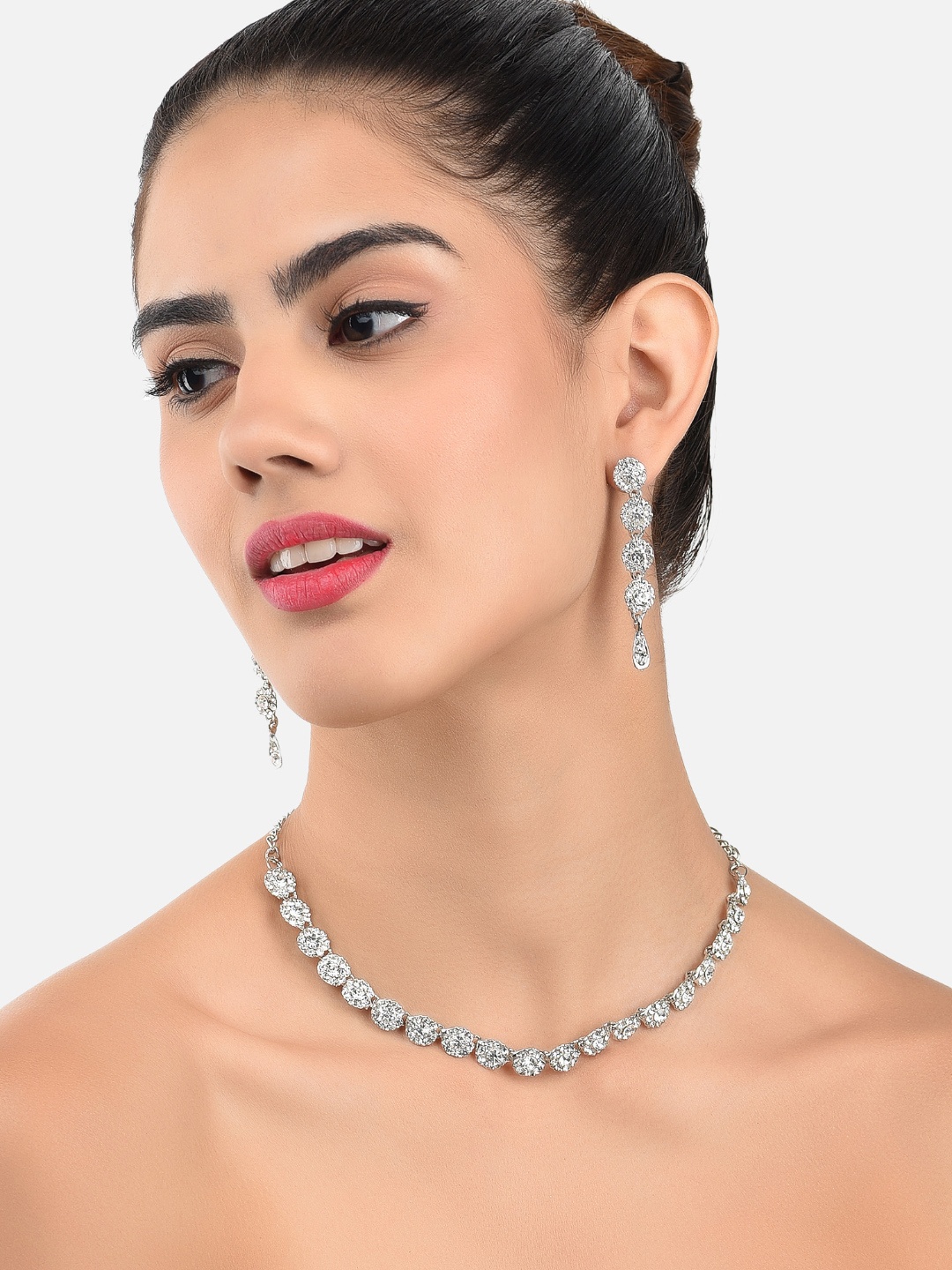 

Zaveri Pearls Silver-Toned Austrian Diamonds Studded Jewellery Set