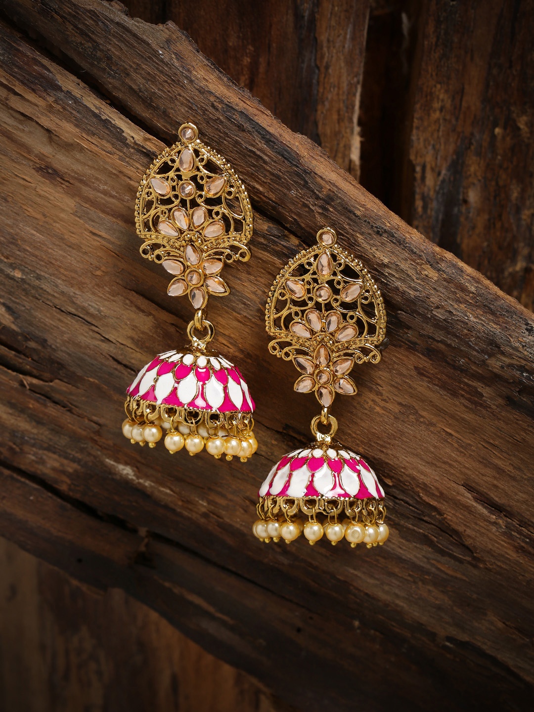 

Zaveri Pearls Traditional Pearls And Kundan Meenakaari Jhumka Earrings, Gold