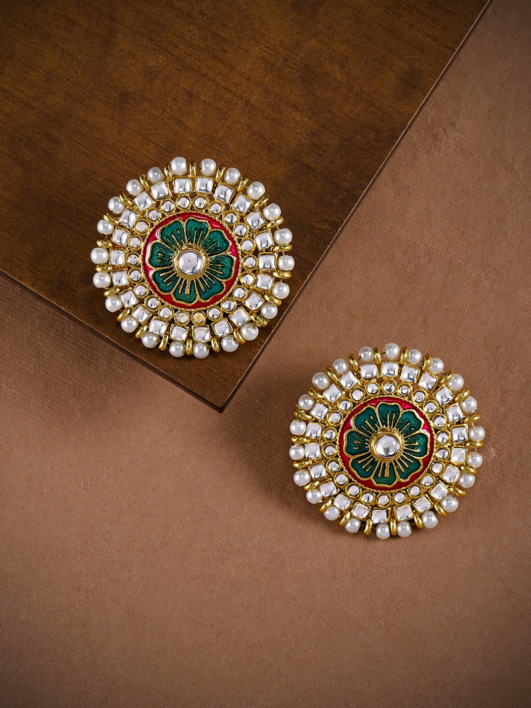 Zaveri Pearls Gold-Toned & Green Circular Oversized Studs