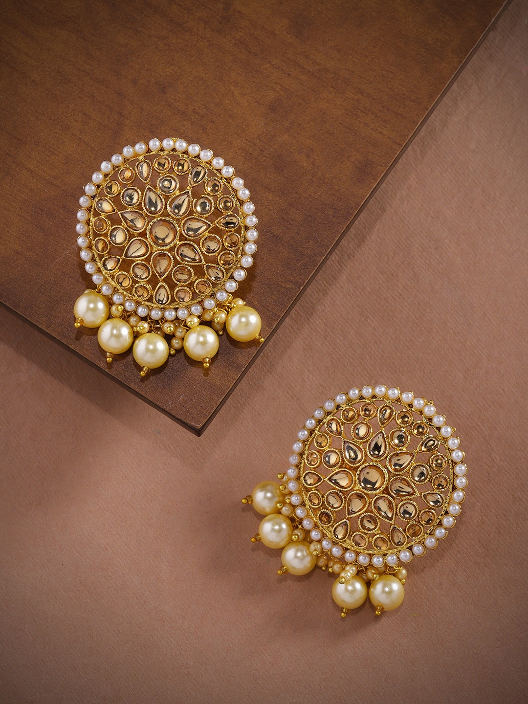 

Zaveri Pearls Gold-Toned Circular Traditional Dangling Pearl Drop Earrings