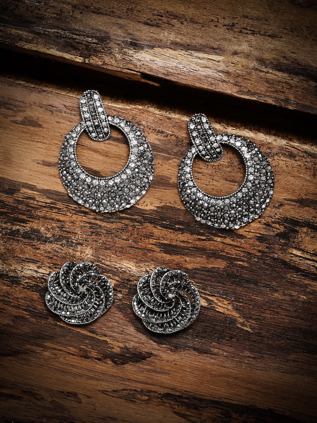 

Zaveri Pearls Combo Of 2 Austrian Diamonds Studded Black Earrings, Silver