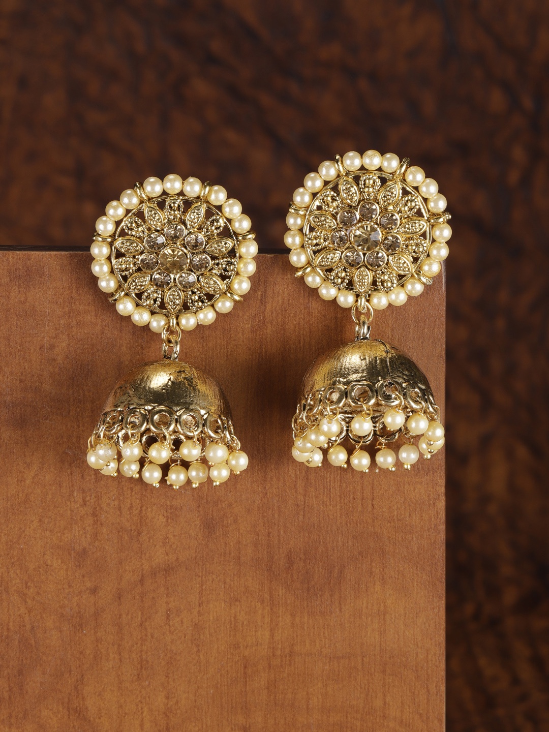 

Zaveri Pearls Gold-Toned Dome Shaped Antique Jhumkas