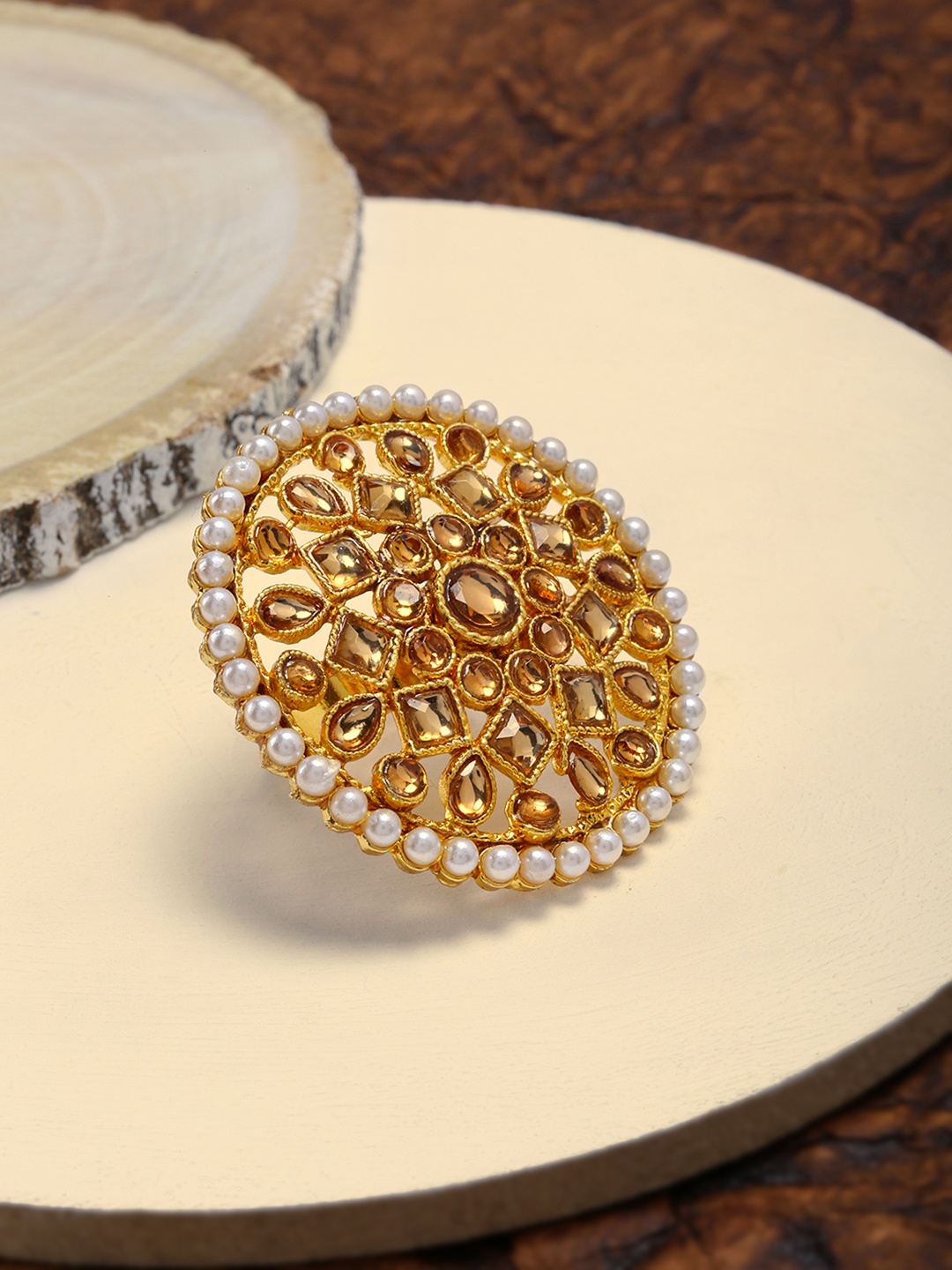 

Zaveri Pearls Gold Toned Stone Studded Adjustable Finger Ring