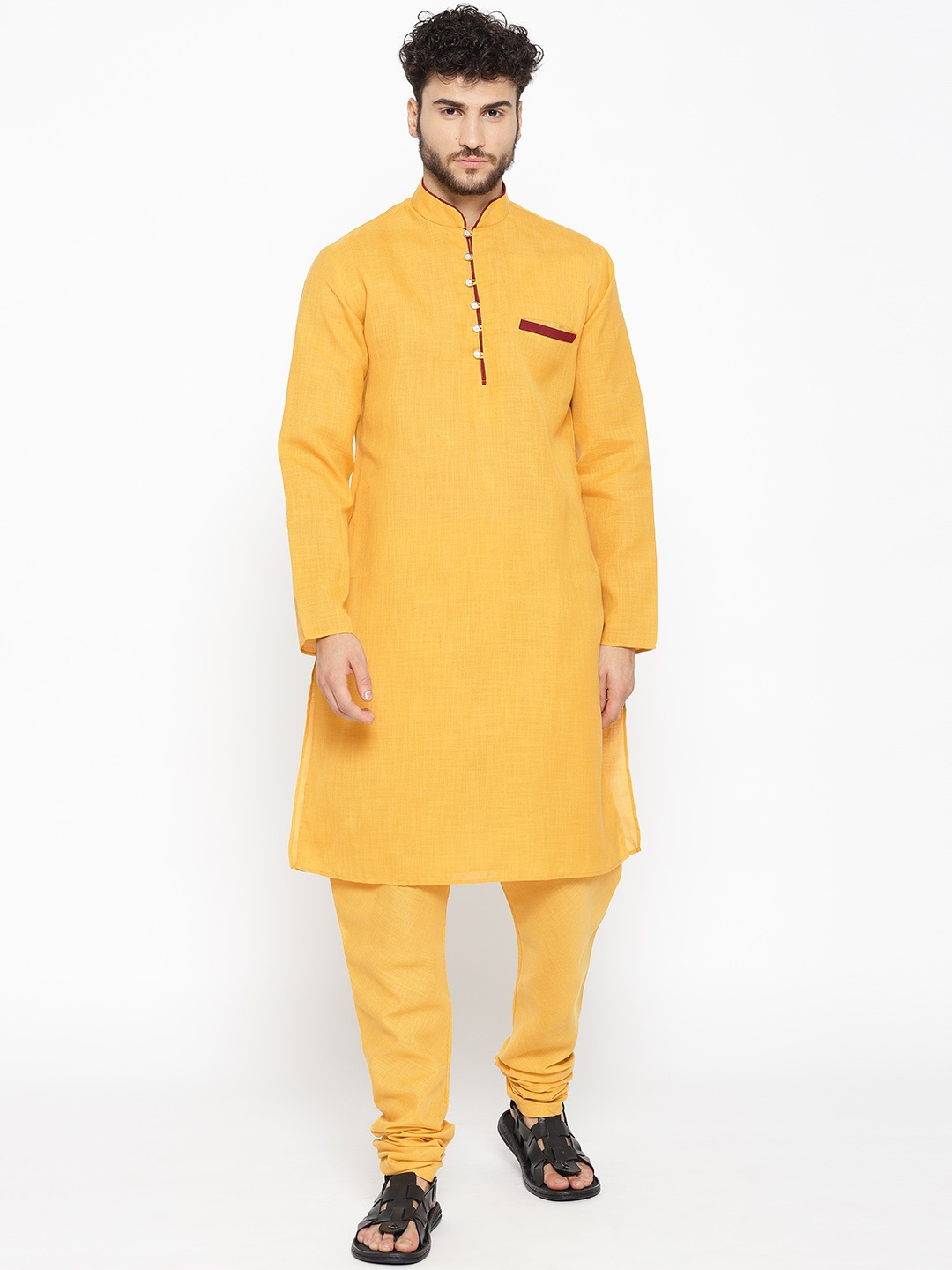 

SG LEMAN Men Mustard Yellow Solid Kurta with Churidar