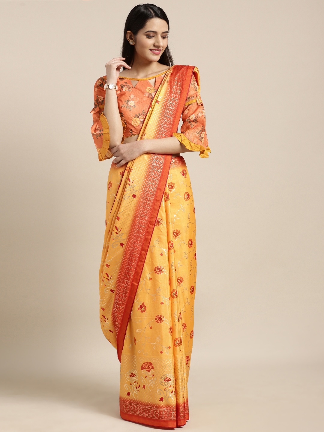 

Kvsfab Yellow Printed Silk Blend Saree