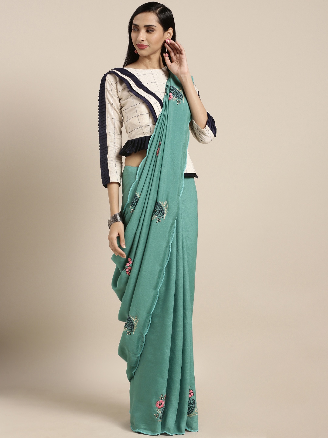 

Kvsfab Green & Beige Silk Blend Embroidered Saree