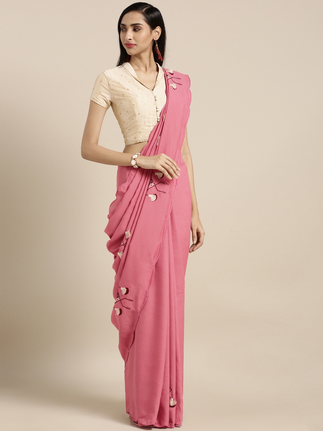 

Kvsfab Pink & Beige Silk Blend Embroidered Saree