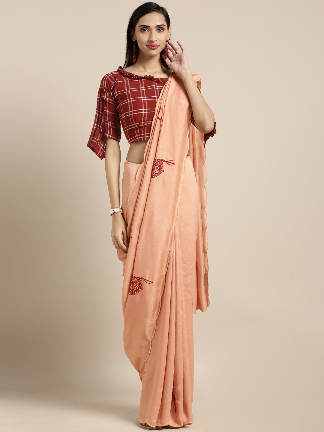 

Kvsfab Peach-Coloured Embroidered Silk Blend Saree