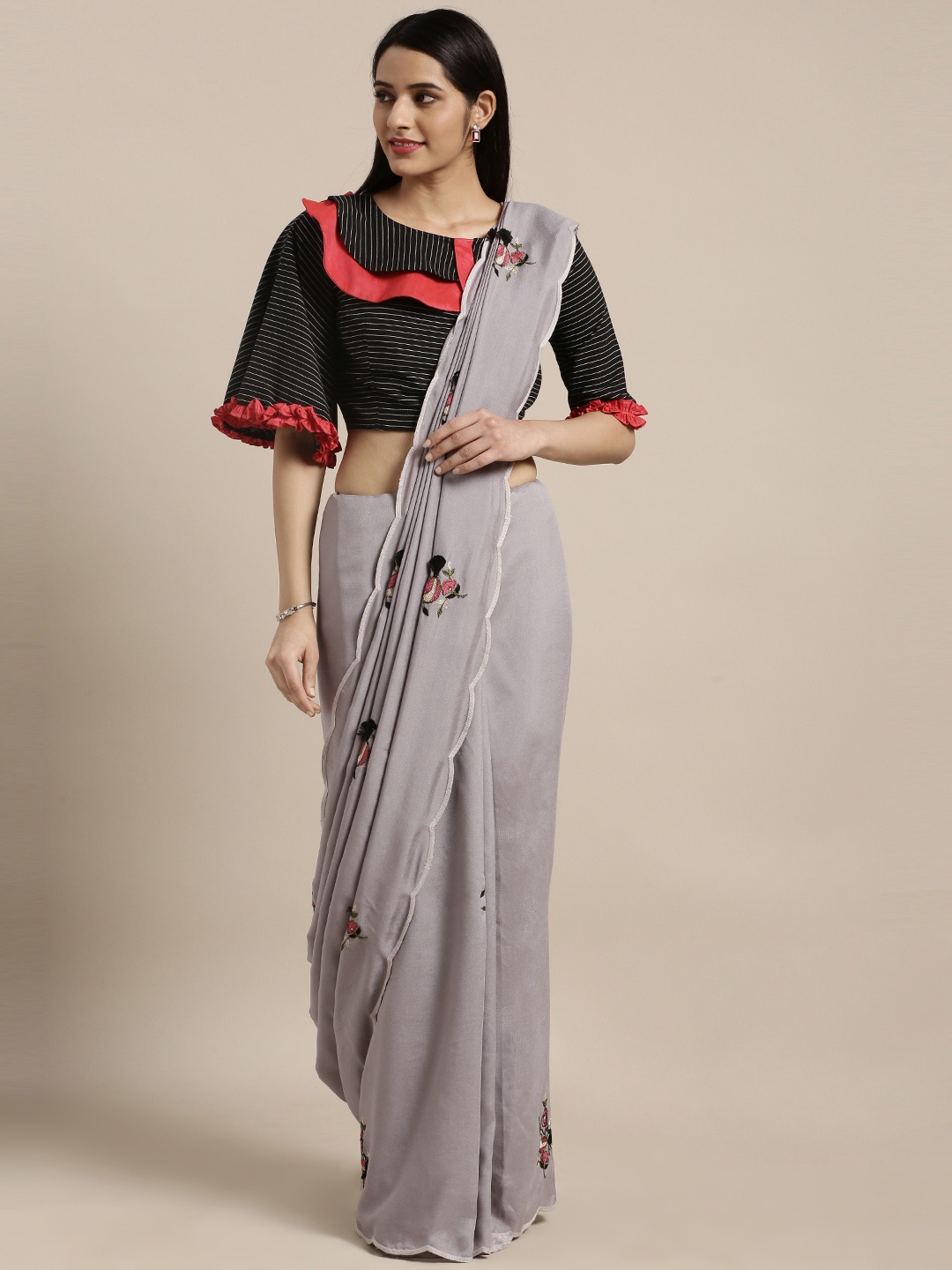 

Kvsfab Grey Embroidered Silk Blend Saree