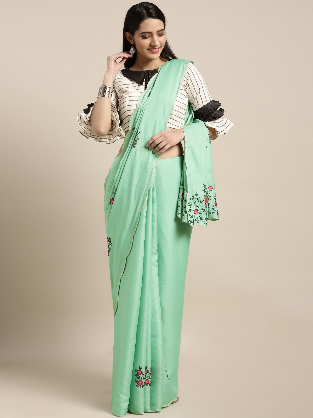 

Kvsfab Green & Beige Silk Blend Embroidered Saree