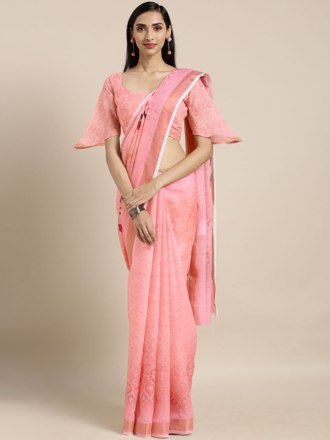 

Kvsfab Peach-Coloured Printed Linen Blend Saree