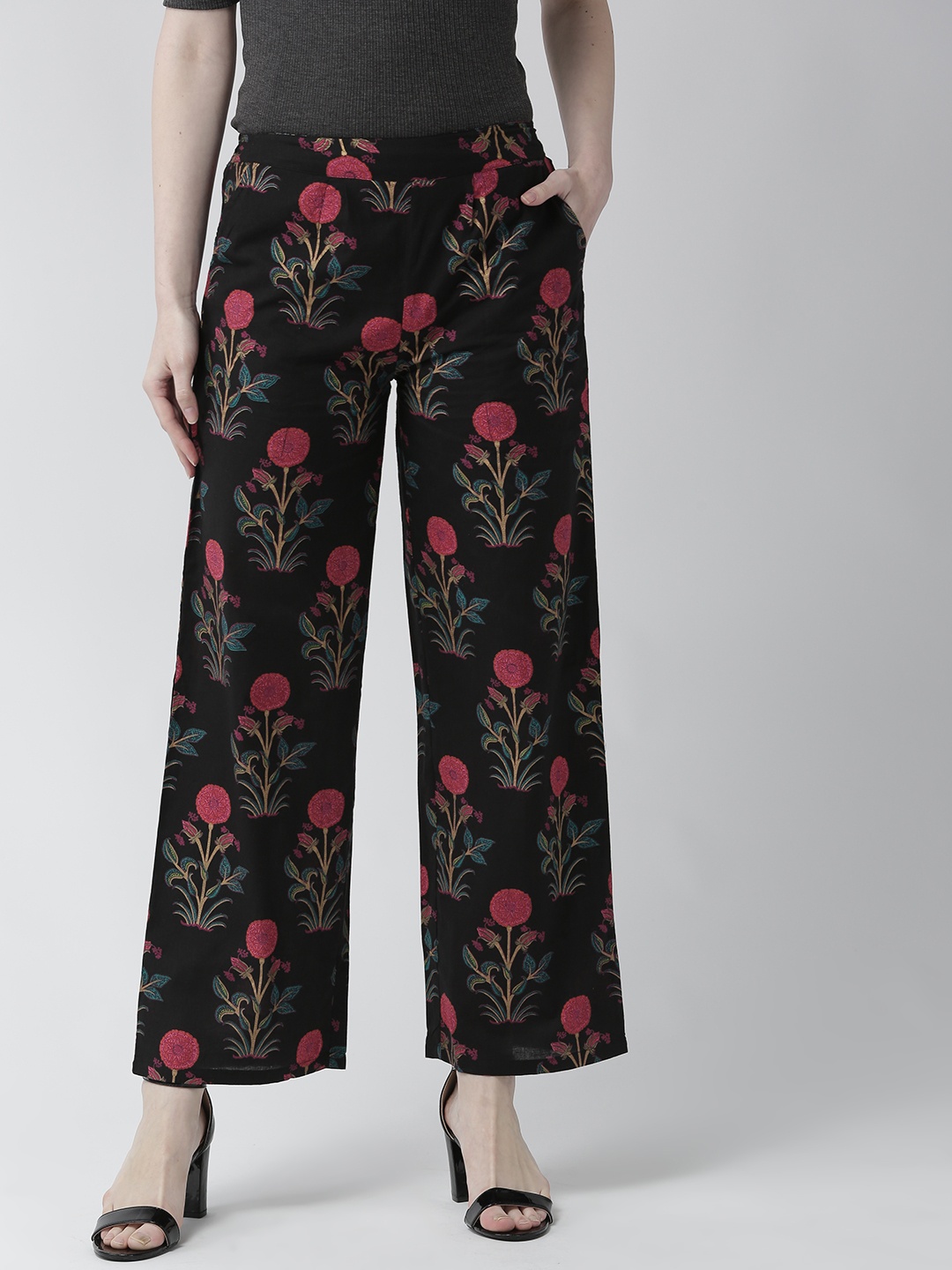 

RANGMAYEE Women Black & Pink Printed Cotton Straight Palazzos