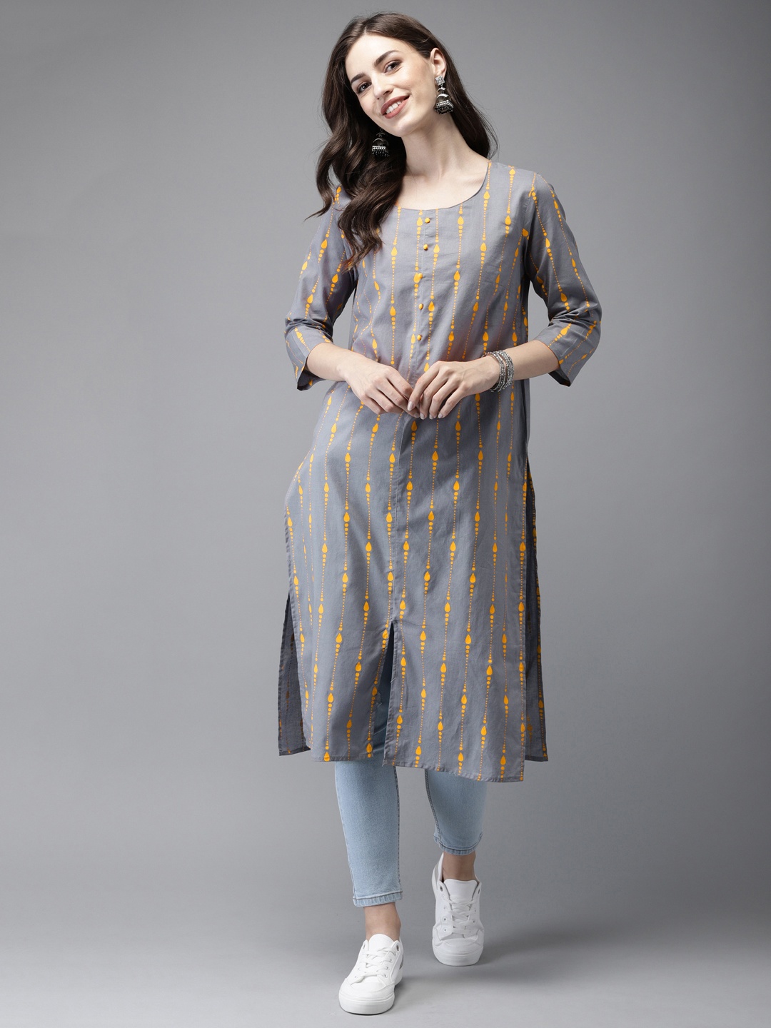 

Anouk Women Grey & Yellow Printed Straight Kurta