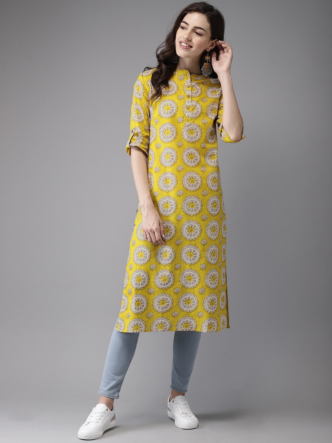 

Anouk Women Mustard Yellow & Beige Printed A-Line Kurta