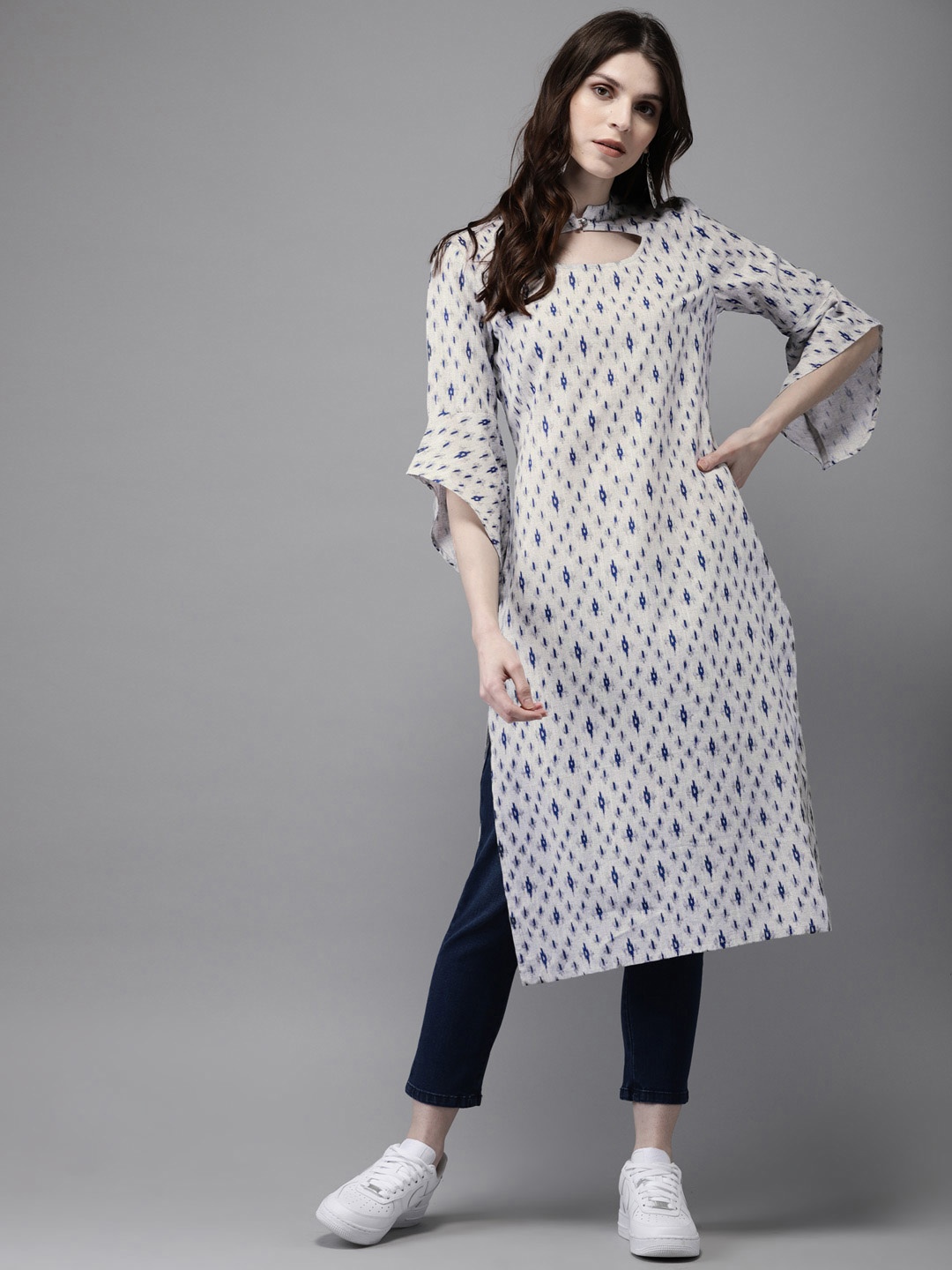 

Anouk Women Grey & Navy Blue Printed Straight Kurta