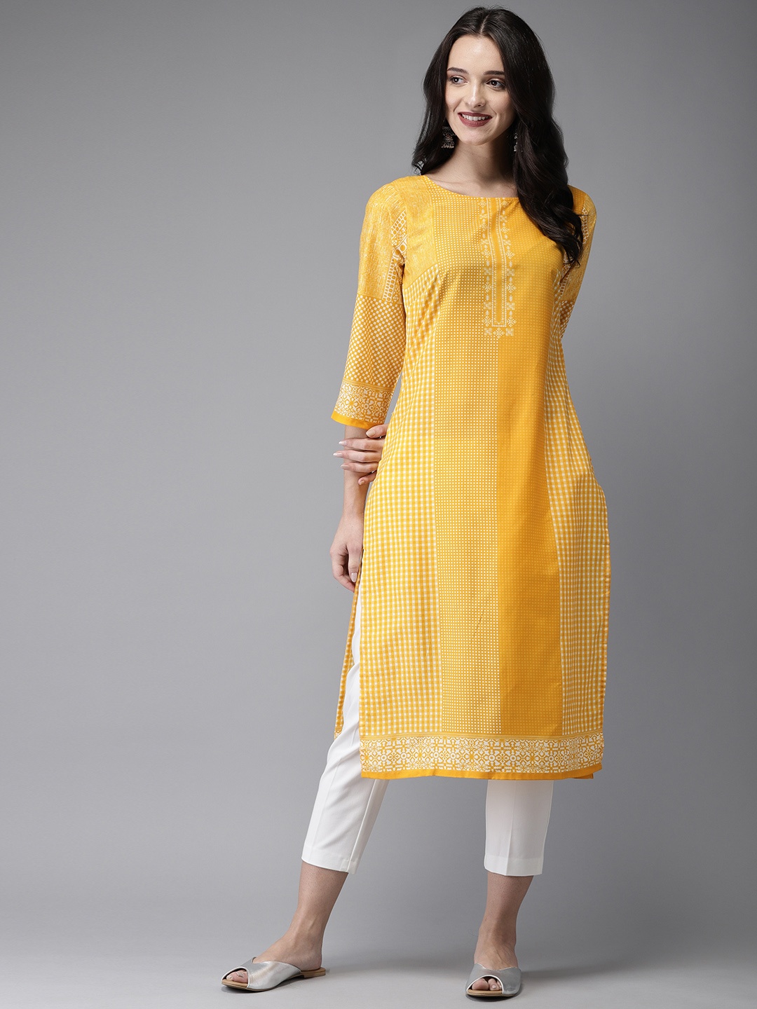 

Anouk Women Yellow Printed A-Line Kurta