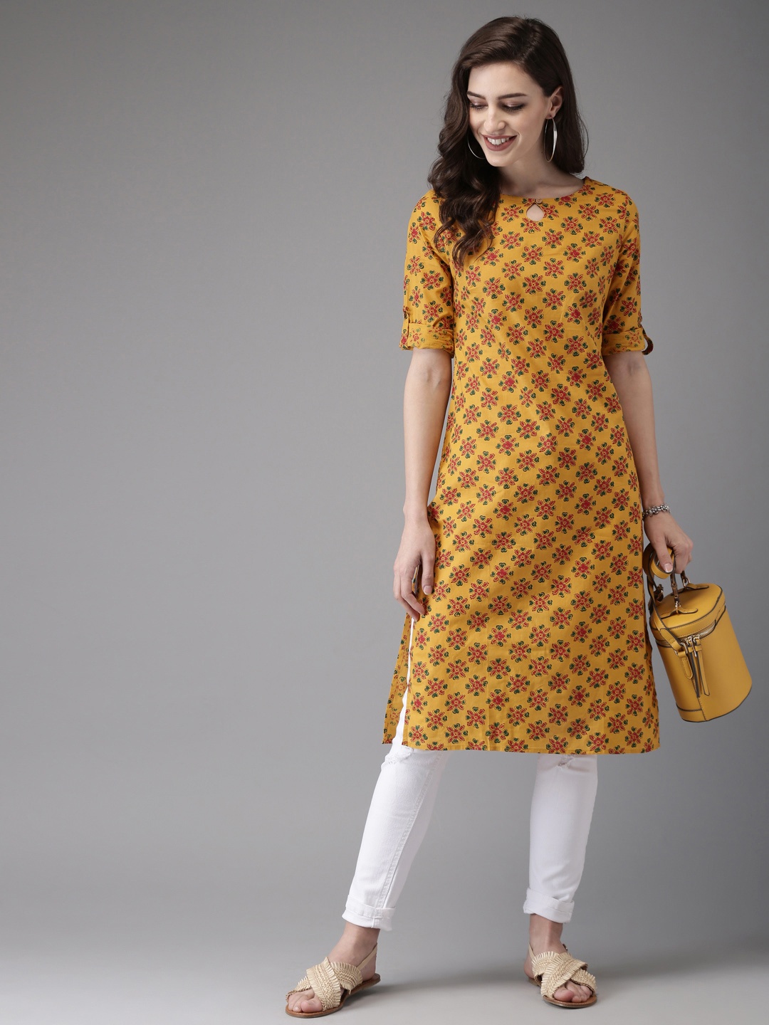 

Anouk Women Mustard Yellow & Red Printed Straight Kurta