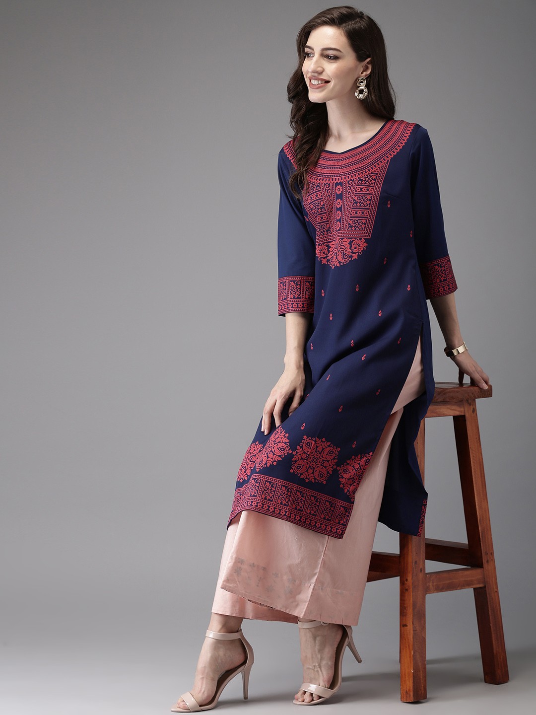 

Anouk Women Navy Blue Printed A-Line Kurta