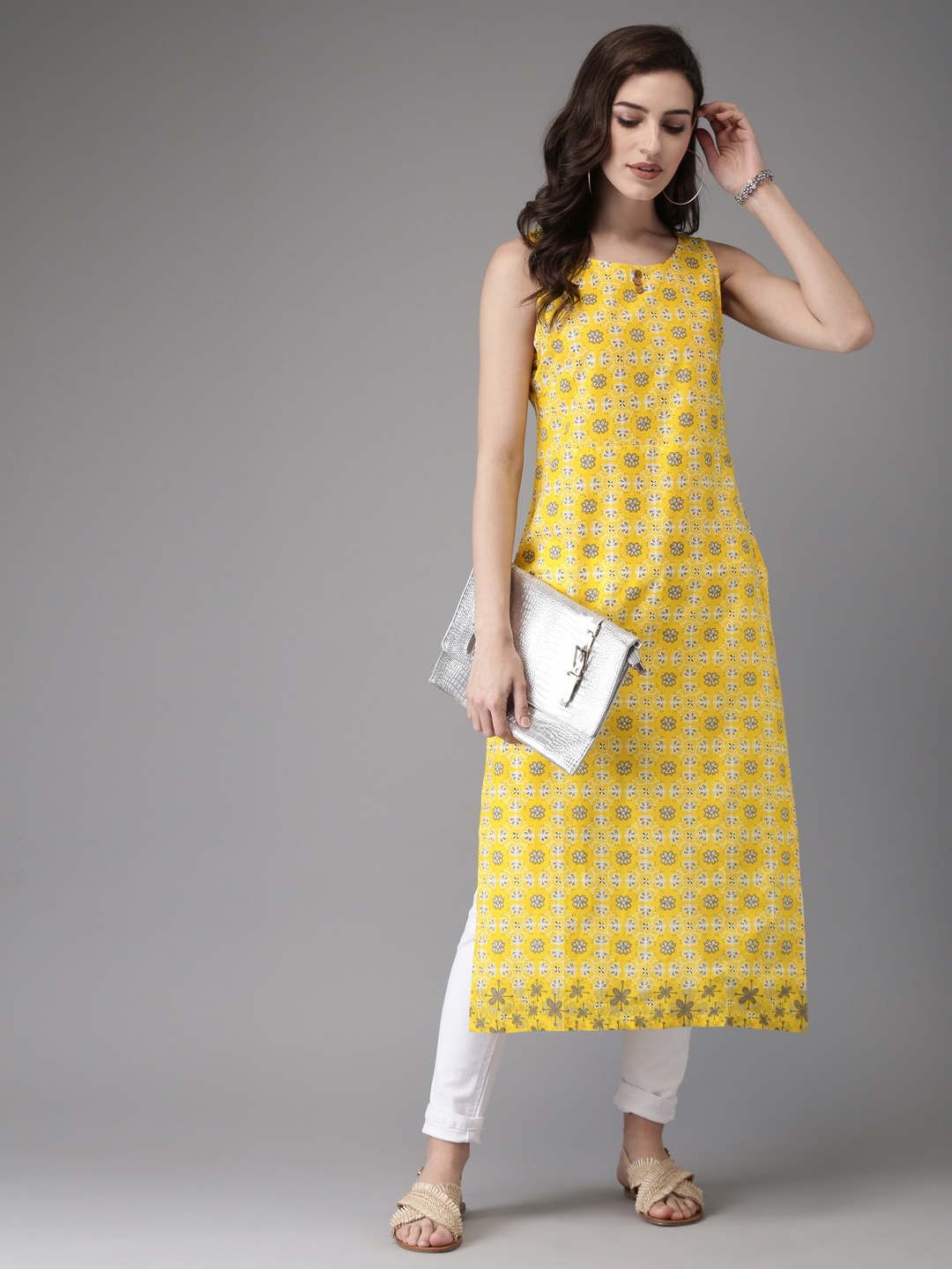 

Anouk Women Yellow & Grey Floral Print Straight Kurta