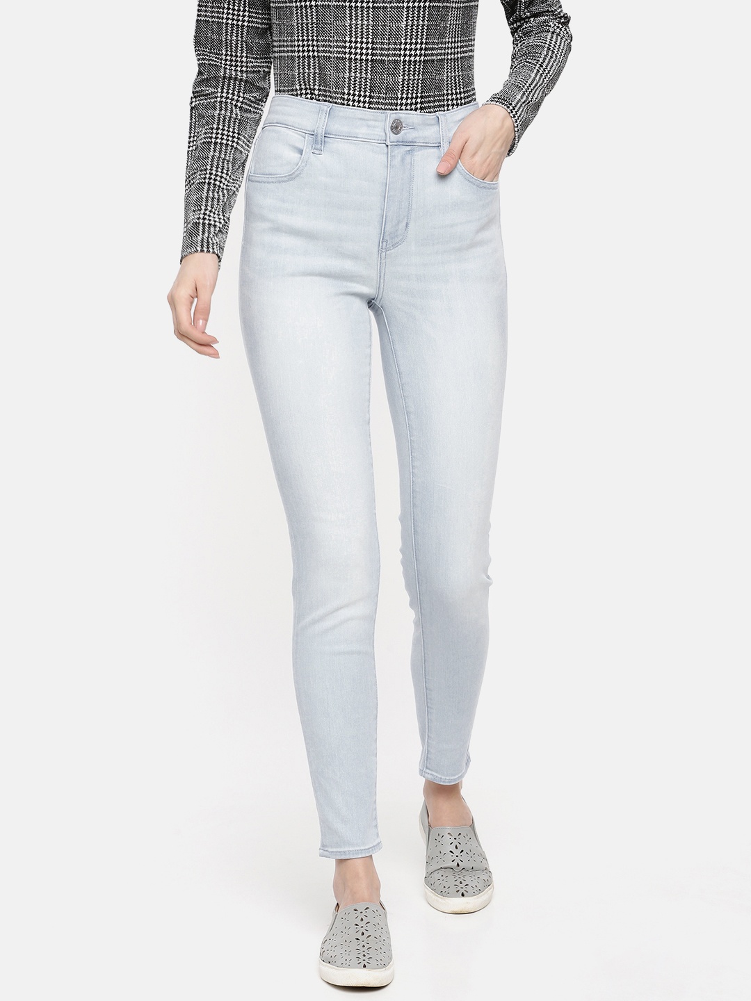 

AMERICAN EAGLE OUTFITTERS Women Blue Jeggings Fit High-Rise Clean Look Cropped Jeans