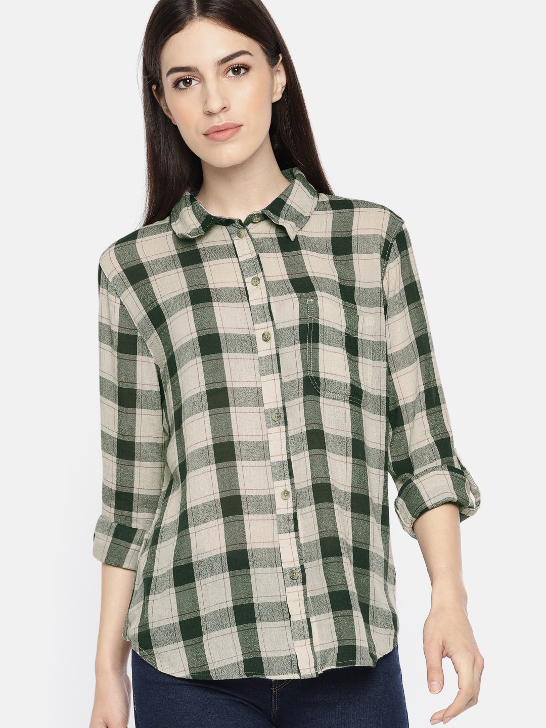 

AMERICAN EAGLE OUTFITTERS Women Beige & Black Checked Casual Shirt