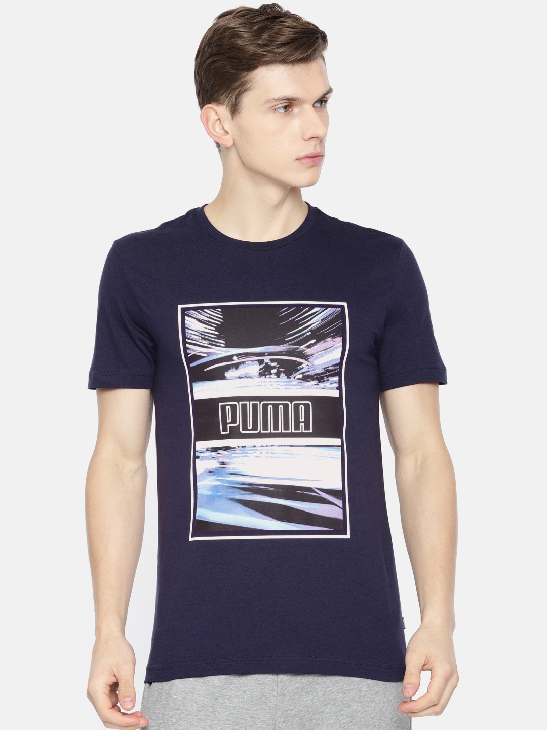 

Puma Men Navy Blue Printed Round Neck Light Motion Photo Pure Cotton T-shirt