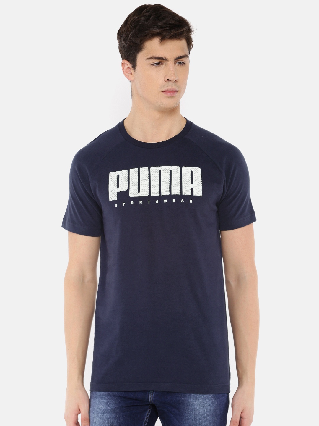 

Puma Men Navy Blue White Slim Fit Printed Athletics Round Neck Pure Cotton T-shirt
