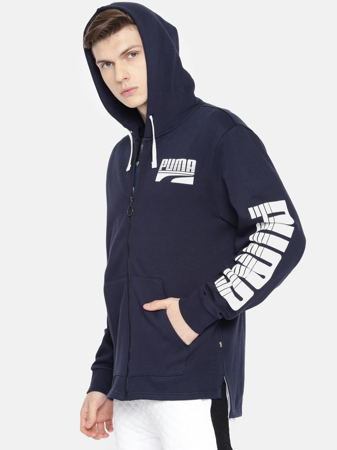 

Puma Men Navy Blue Printed Rebel Bold FZ FL Hooded Track Sweatshirt