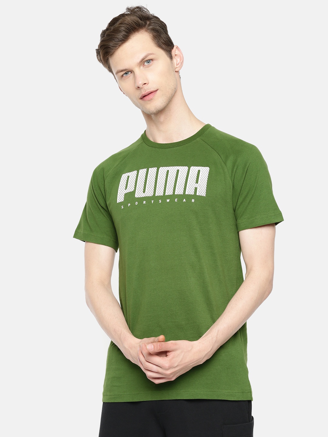 

Puma Men Green White Slim Fit Printed Round Neck Athletics Pure Cotton T-shirt