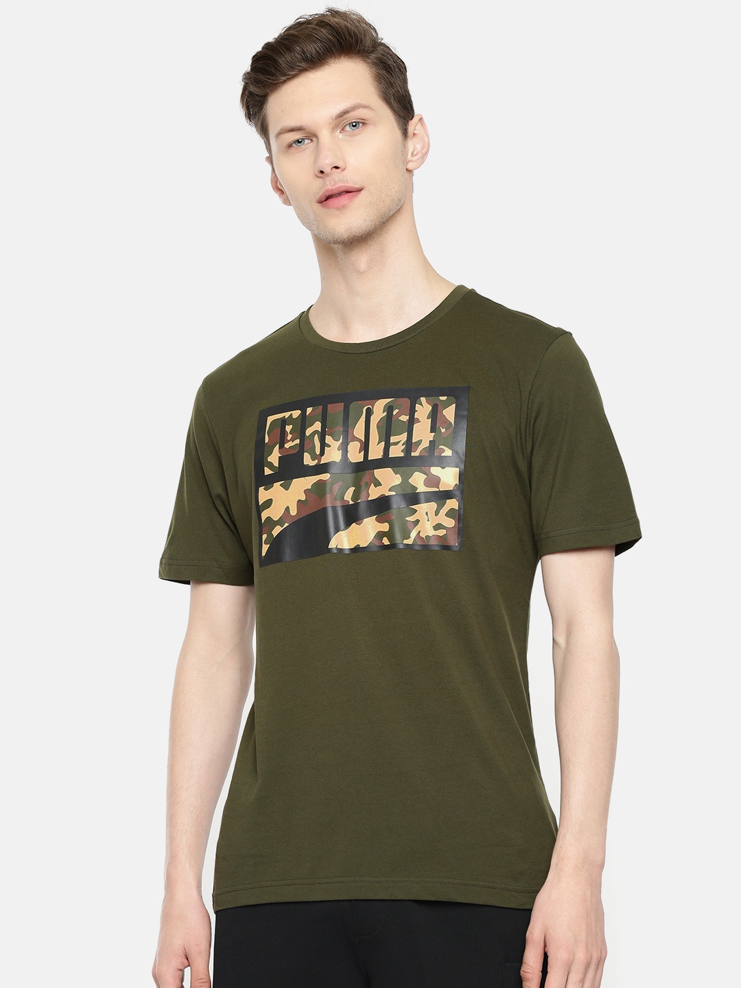 

Puma Men Olive Green Printed Round Neck Rebel CAMO T-shirt