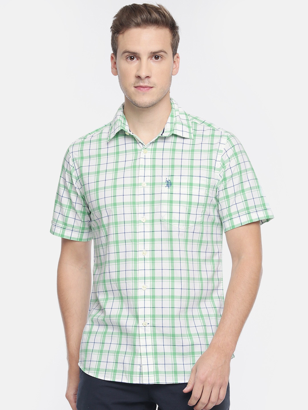 

U.S. Polo Assn. Men White & Green Checked Slim Fit Casual Shirt