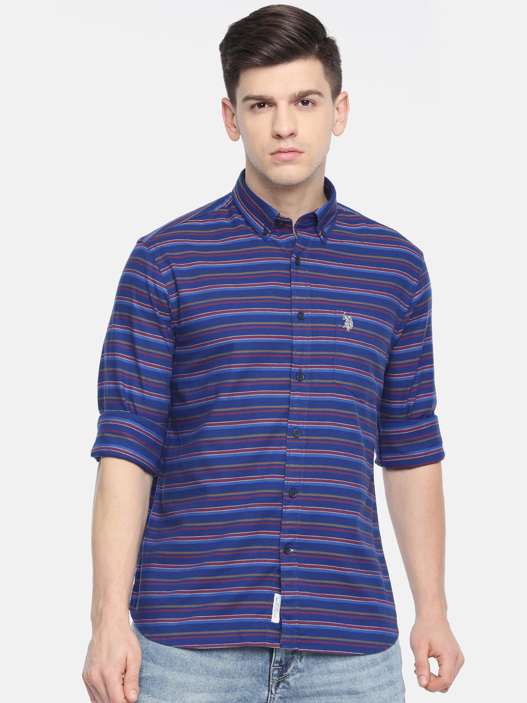 

U.S. Polo Assn. Men Blue & Pink Striped Regular Fit Casual Shirt