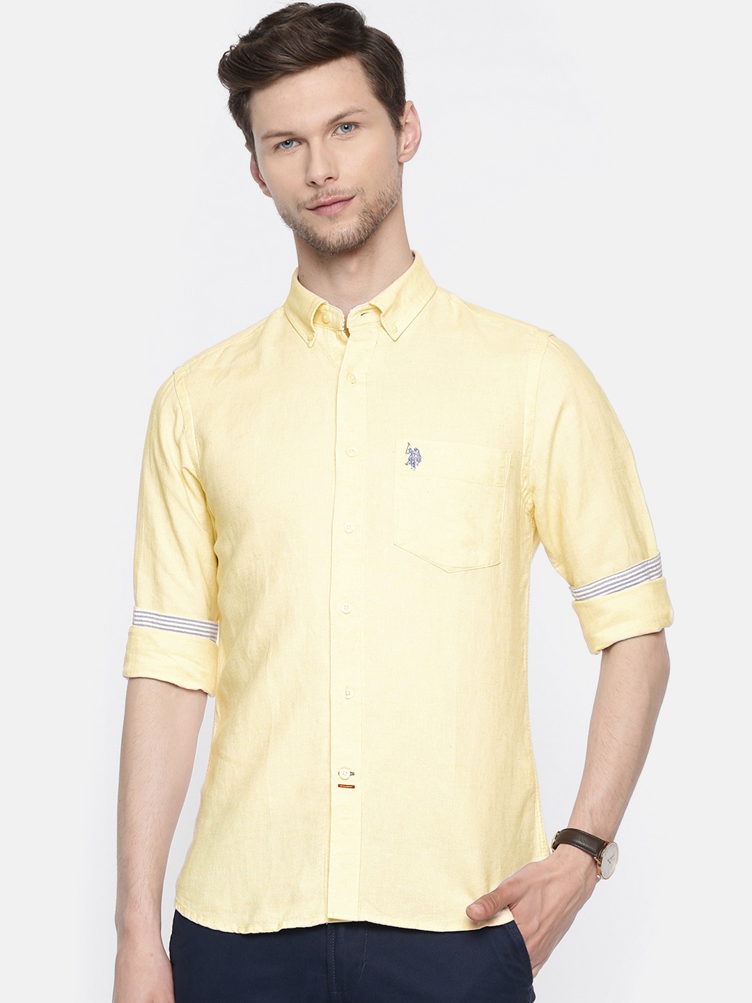

U.S. Polo Assn. Men Yellow Tailored Fit Solid Casual Linen Blend Shirt