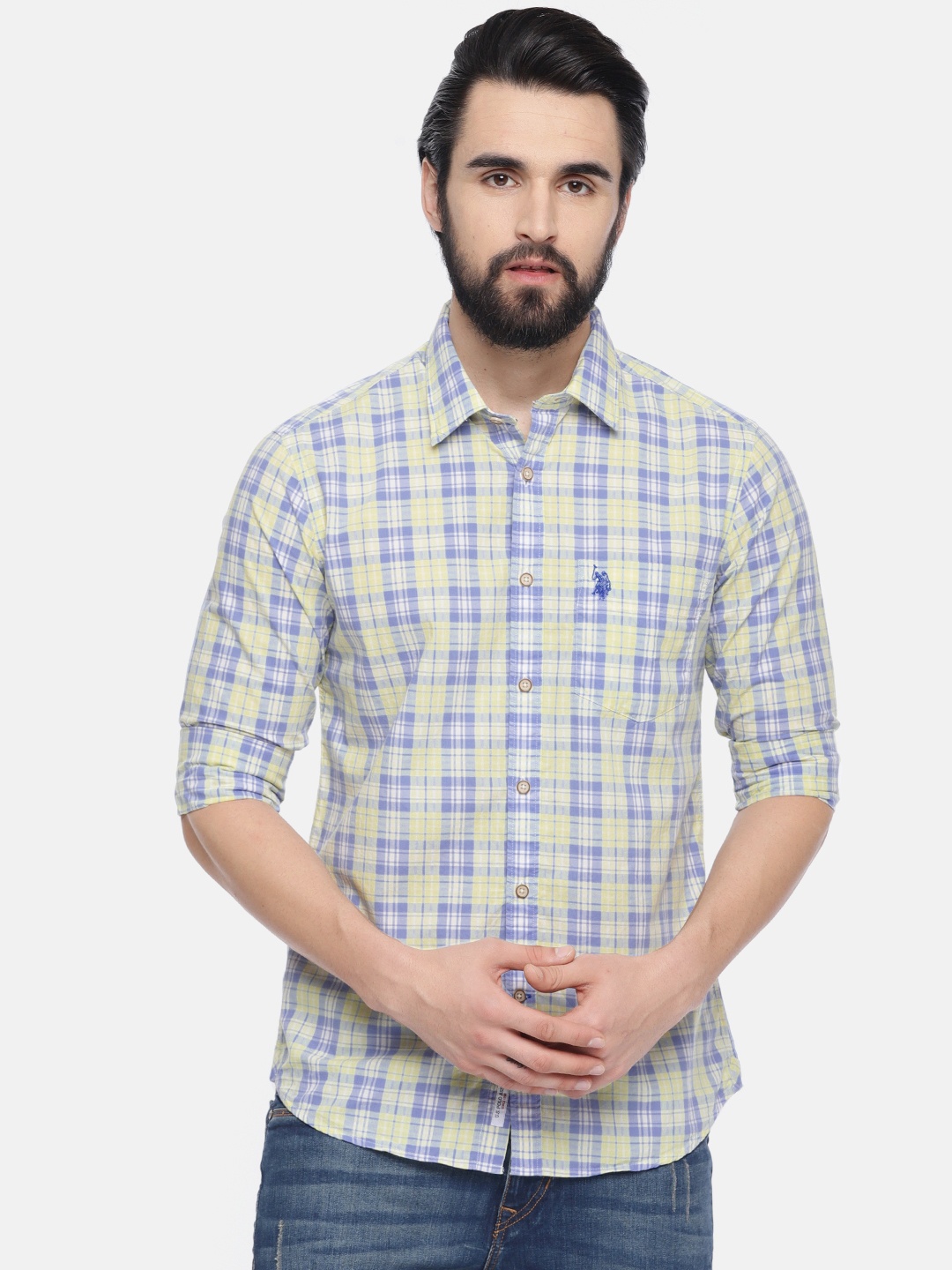 

U.S. Polo Assn. Men Yellow & Blue Tailored Fit Checked Casual Shirt