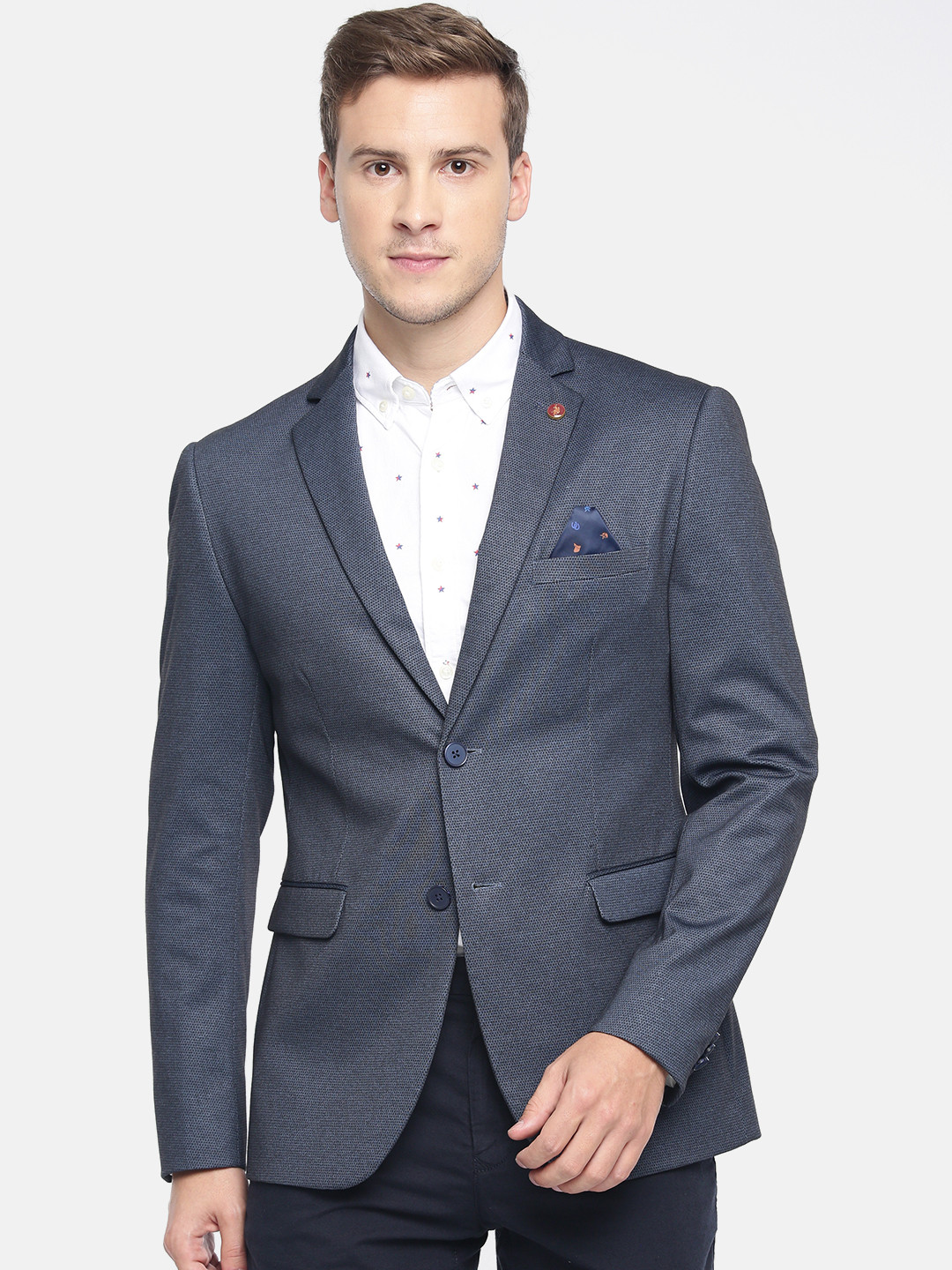 

U.S. Polo Assn. Men Navy Blue & Black Printed Slim Fit Single-Breasted Smart Casual Pure Cotton Blazer
