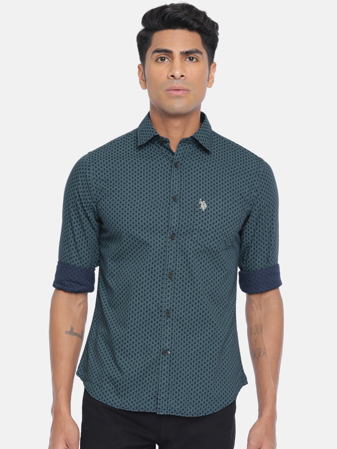 

U.S. Polo Assn. Men Green & Navy Blue Tailored Fit Printed Casual Shirt