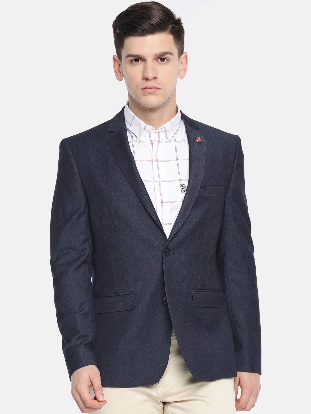 

U.S. Polo Assn.Navy Blue Solid Slim Fit Single-Breasted Smart Casual Pure Cotton Blazer