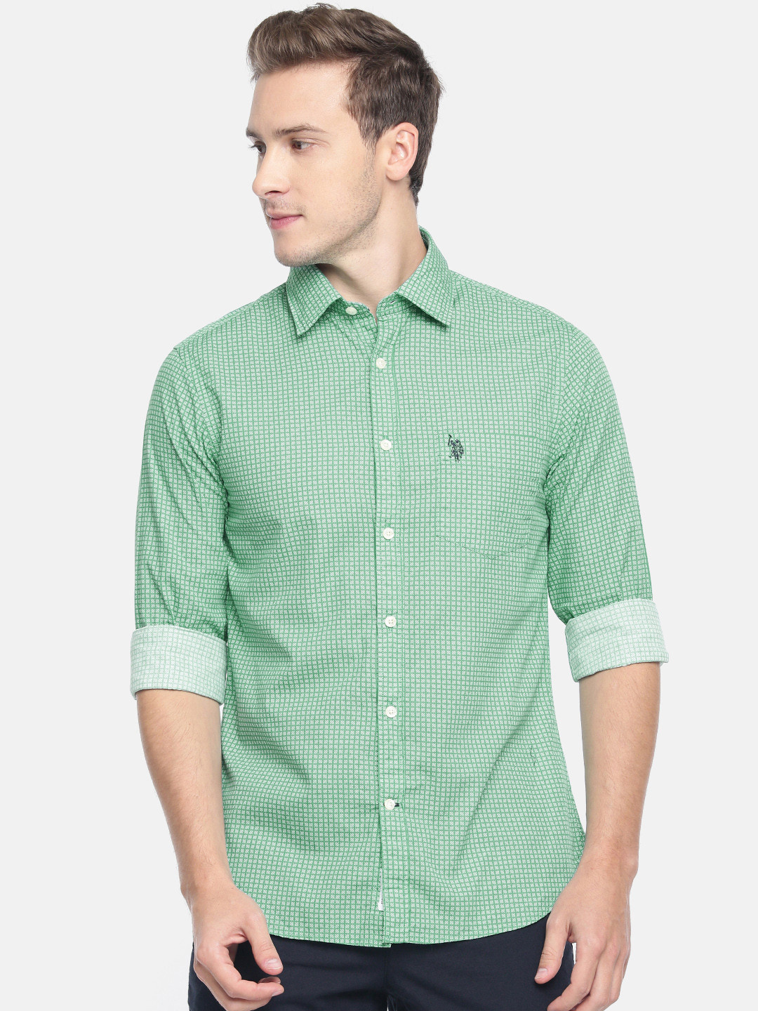 

U.S. Polo Assn. Men Green Printed Slim Fit Casual Shirt