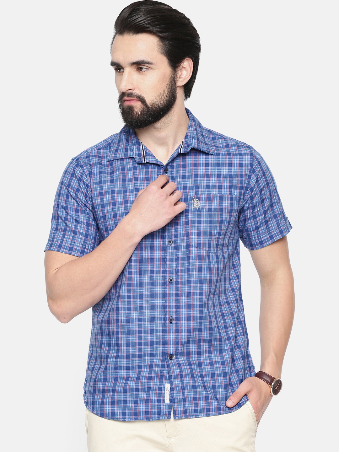 

U.S. Polo Assn. Men Blue Tailored Fit Checked Casual Shirt