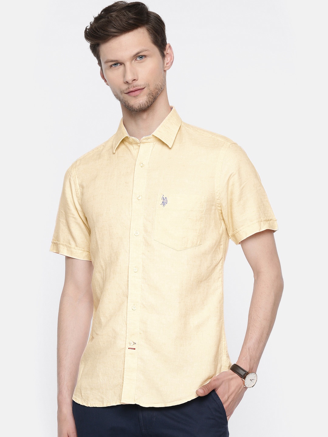 

U.S. Polo Assn. Men Yellow Tailored Fit Solid Casual Linen Blend Shirt