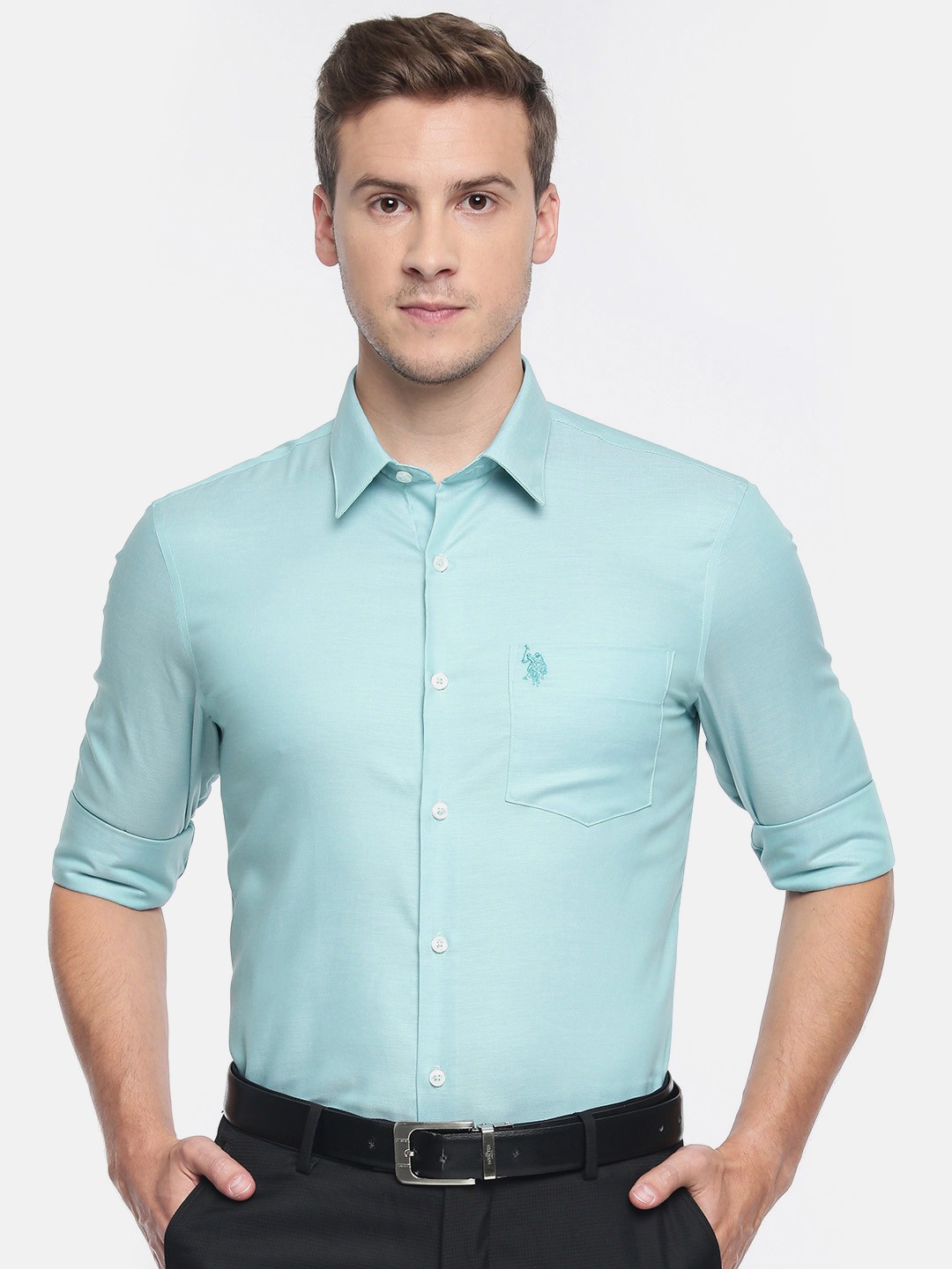 

U.S. Polo Assn. Men Teal Solid Slim Fit Casual Shirt
