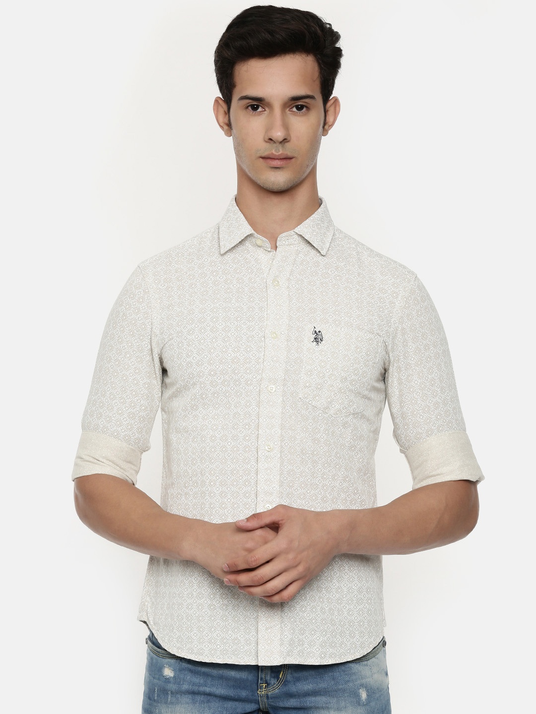 

U.S. Polo Assn. Men Off-White Tailored Fit Printed Casual Shirt