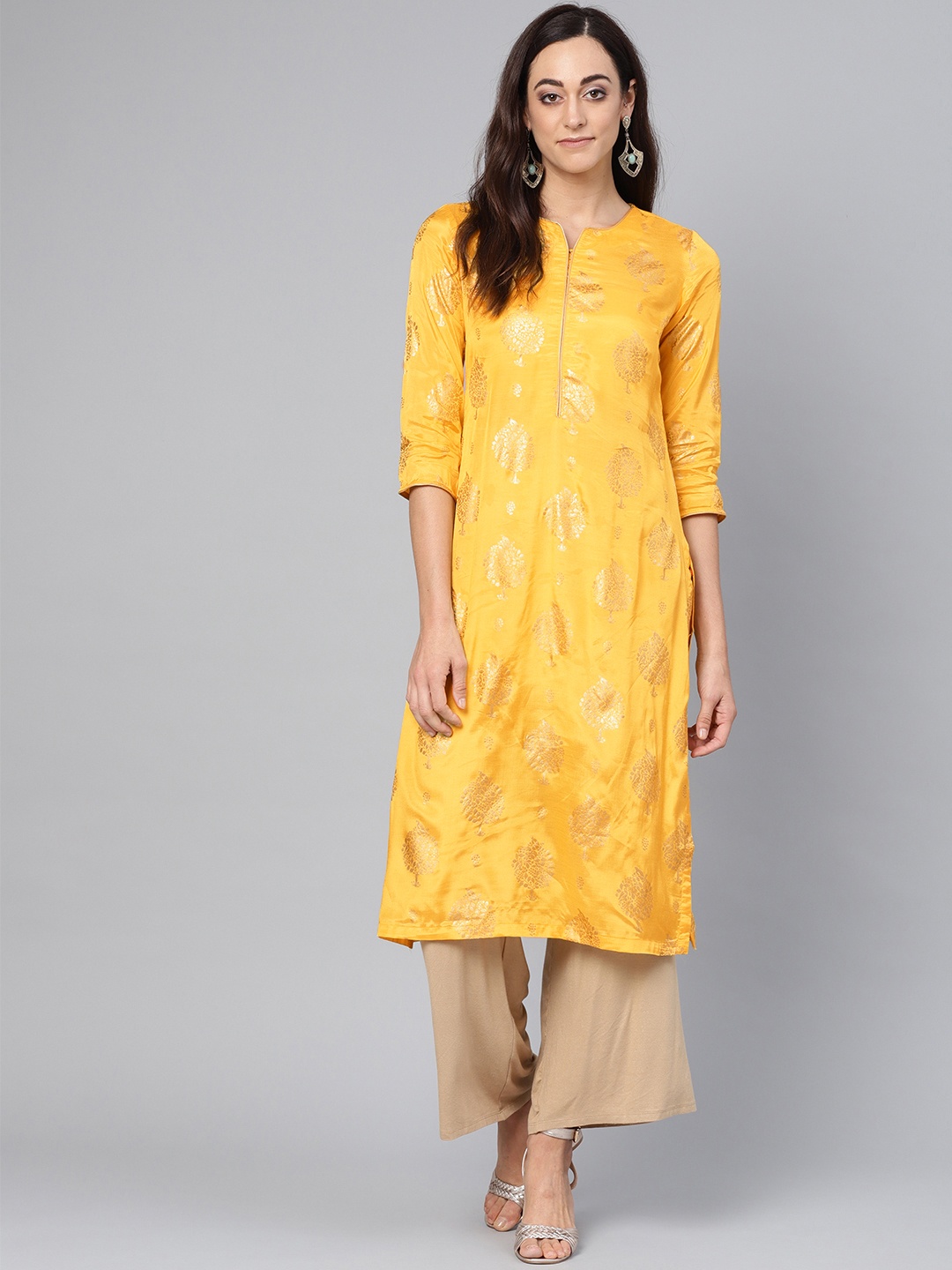 

Biba Women Yellow & Golden Printed Straight Kurta